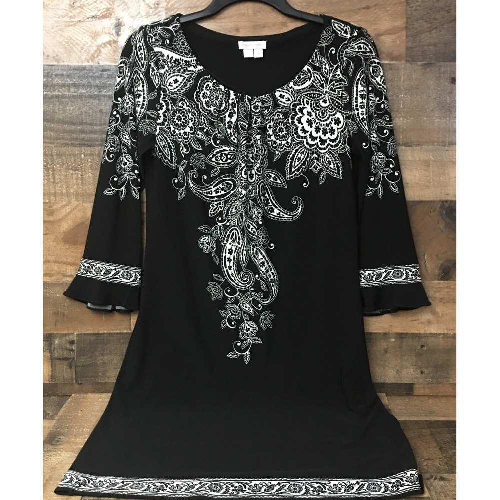 LONDON TIMES Shift Dress Women 4 Floral 3/4 Sleeve Stretch Knit Fairygoth Witchy